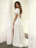 Satin A Line V Neck Puffy Sleeve Wedding Dress