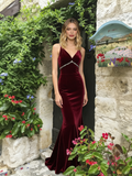 Spaghetti Straps Burgundy Velvet Trumpet Mermaid Prom Dress