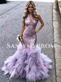 V Neck Purple Sequin Trumpet Mermaid Ruffles Prom Dress