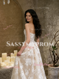 Appliques Tulle Strapless Champagne Lace A Line Wedding Dress