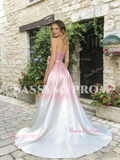 Strapless Pink Flower A Line Satin Prom Dress