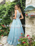 Ligth Blue Tulle Lace A Line Scoop Prom Dress