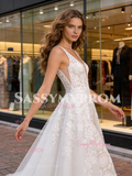 V Neck White A Line Tulle Lace Wedding Dress