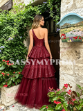 One Shoulder Burgundy Layers Sparkle Tulle Prom Dress