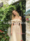 Champagne Tulle Off The Shoulder Beading A Line Prom Dress
