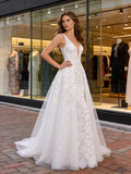 V Neck White A Line Tulle Lace Wedding Dress
