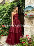 One Shoulder Burgundy Layers Sparkle Tulle Prom Dress