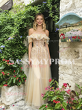 Champagne Tulle Off The Shoulder Beading A Line Prom Dress