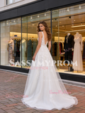 V Neck White A Line Tulle Lace Wedding Dress