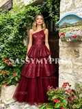 One Shoulder Burgundy Layers Sparkle Tulle Prom Dress