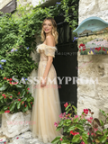 Champagne Tulle Off The Shoulder Beading A Line Prom Dress