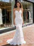 Lace Spaghetti Straps Trumpet Mermaid White Wedding Dress