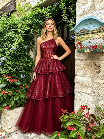 One Shoulder Burgundy Layers Sparkle Tulle Prom Dress – Sassymyprom