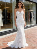 Lace Spaghetti Straps Trumpet Mermaid White Wedding Dress