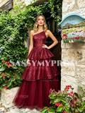 One Shoulder Burgundy Layers Sparkle Tulle Prom Dress
