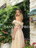 Champagne Tulle Off The Shoulder Beading A Line Prom Dress