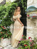 Champagne Tulle Off The Shoulder Beading A Line Prom Dress