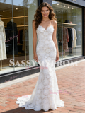 Lace Spaghetti Straps Trumpet Mermaid White Wedding Dress