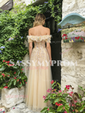 Champagne Tulle Off The Shoulder Beading A Line Prom Dress