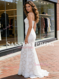 Lace Spaghetti Straps Trumpet Mermaid White Wedding Dress