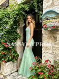 Mint Green Lace Trumpet Mermaid Tulle Prom Dress