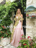 Off The Shoulder Pink Tulle A Line Beading Prom Dress