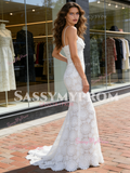 Lace Spaghetti Straps Trumpet Mermaid White Wedding Dress