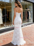 Lace Spaghetti Straps Trumpet Mermaid White Wedding Dress