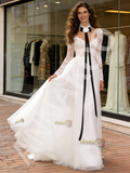 Flower Tulle Long Sleeve High Neck A Line Wedding Dress