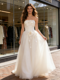 Satin A Line Tulle Strapless Flower Wedding Dress