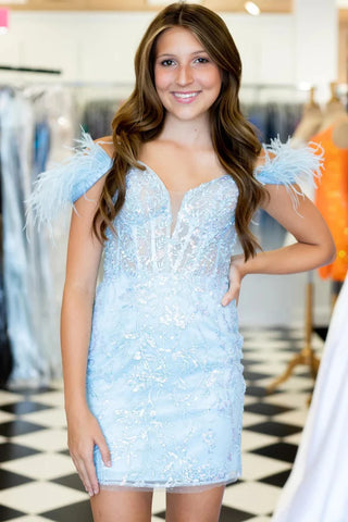 Light Blue Feather V Neck Lace Homecoming Dress