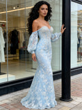 Mermaid Sweetheart Long Sleeves Lace Trumpet Blue Prom Dress