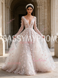 Sequin Floral V Neck Pink Long Sleeve Tulle Prom Dress
