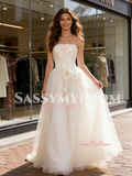 Satin A Line Tulle Strapless Flower Wedding Dress