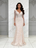 Trumpet Mermaid Beading V Neck Long Sleeve Champagne Wedding Dress