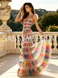 Rainbow Tulle A-Line Sheath Ruffled Prom Dress