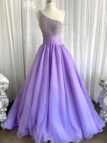 One Shoulder Beading Ruched Purple Prom Dress