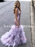 V Neck Purple Sequin Trumpet Mermaid Ruffles Prom Dress