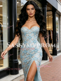 Blue Sweetheart Sheath Column Beading Tulle Prom Dress With Slit