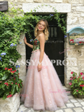 Pink Floral Spaghetti Straps Tulle A Line Prom Dress