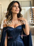 Navy Off Shoulder Satin A-Line Prom Cape Dress