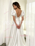 Satin A Line V Neck Puffy Sleeve Wedding Dress
