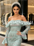 Tassel Green Long Sleeve Off The Shoulder Prom Dress With Slit