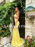 Yellow Cut Out Trumpet Mermaid Spaghetti Straps Prom Dress