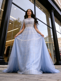 Cap Sleeves Tulle Sheat Column Blue Beading Prom Dress