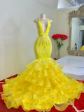Sequin V Neck Trumpet Mermaid Yellow Ruffles Prom Dress