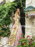 Off The Shoulder Pink Tulle A Line Beading Prom Dress