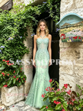 Mint Green Lace Trumpet Mermaid Tulle Prom Dress