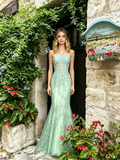 Mint Green Lace Trumpet Mermaid Tulle Prom Dress