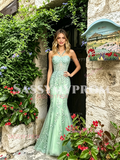 Mint Green Lace Trumpet Mermaid Tulle Prom Dress
